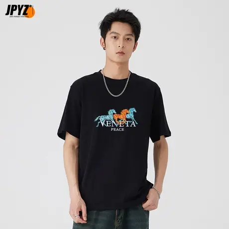 重磅短袖T恤ins夏季男士半袖纯棉情侣打底衫潮流刺绣印花圆领体恤商品大图