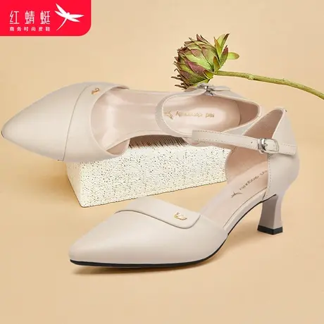 红蜻蜓女鞋夏季新款真皮百搭包头中空一字扣仙女风细高跟时装凉鞋图片