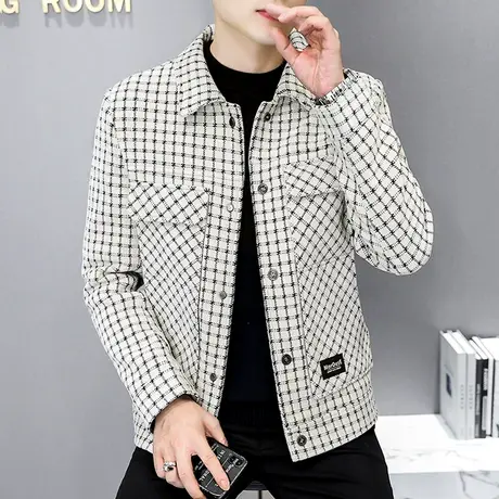 外套男士复古时尚格子夹克秋冬季韩版潮流短款翻领帅气毛呢子大衣商品大图
