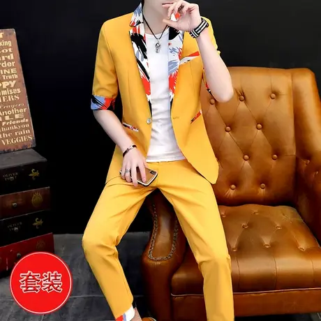 美发师韩国潮流西服一套装社会人ins雅痞个性帅气夏装七分袖西装图片