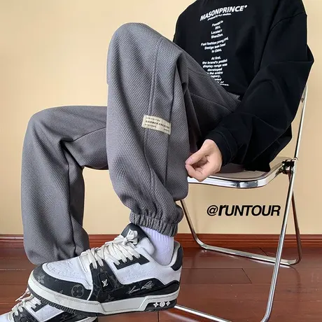 美式菠萝格休闲长裤男秋冬季束脚贴标阔腿裤ins潮流宽松小脚裤子商品大图