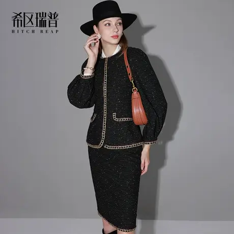 希区瑞普高端时尚职业套装女2023新款秋冬小香风金色镶边气质修身商品大图