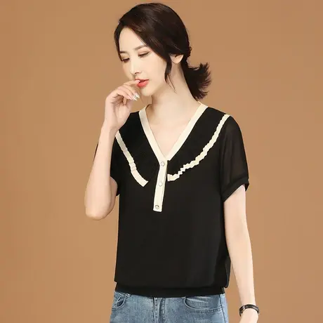 韩潮袭人V领休闲短袖雪纺衫女2023夏季新款宽松百搭蕾丝衫T恤薄款图片