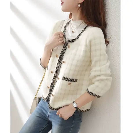 小香风水貂绒针织开衫女2023秋装新款宽松外穿上衣亮丝短毛衣外套图片