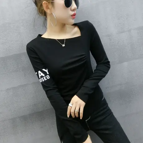 女装2023新款潮春秋时尚不规则T恤女长袖设计感轻熟上衣打底小衫商品大图