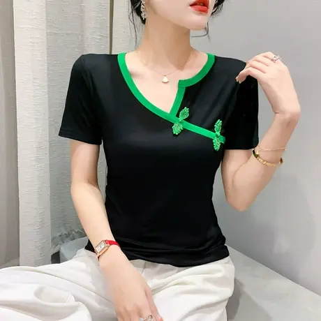 复古女装2023新款不规则V领盘扣T恤短袖紧身小衫设计感网红上衣潮商品大图