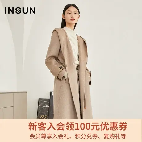 恩裳冬季双面呢大衣连帽收腰山羊绒毛呢外套女中长款图片