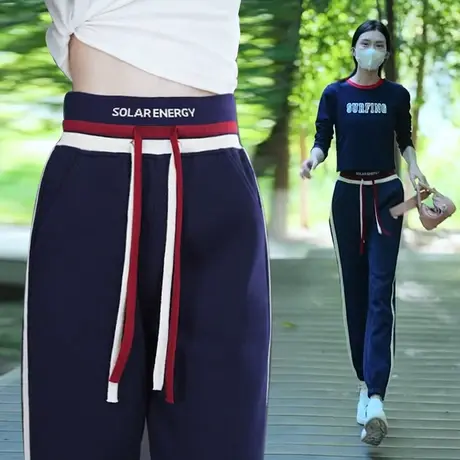 束脚运动裤女秋季高腰小个子抽绳宽松休闲裤子ins潮哈伦灰色卫裤商品大图