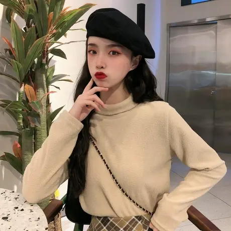 高领打底衫长袖t恤女秋冬洋气保暖内搭设计感小众加绒加厚上衣服商品大图