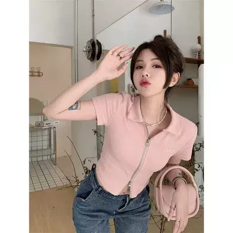 ins洋气修身显瘦polo领正肩短袖T恤女显瘦百搭双拉链设计短款上衣商品大图