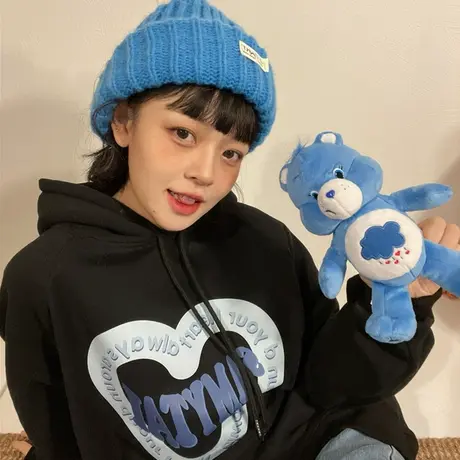 红续爱心加绒加厚黑色连帽卫衣女宽松情侣款甜酷风秋冬新款ins潮图片