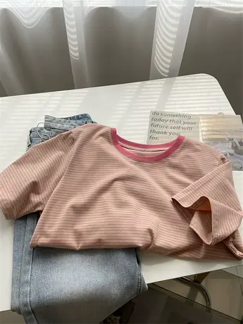 炒显白~蜜桃粉细条纹短袖Tee！元气减龄小个子圆领休闲T恤上衣女商品大图