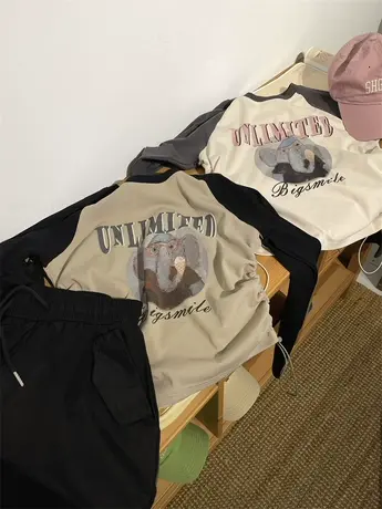 大象字母印花双侧抽绳撞色插肩袖长袖T恤女秋小个子短款小版上衣商品大图