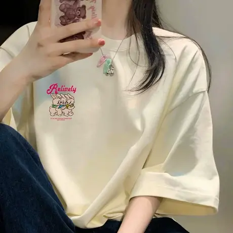 2023夏季新款仿棉短袖T恤女ins韩版宽松大码中长款时尚百搭上衣潮商品大图