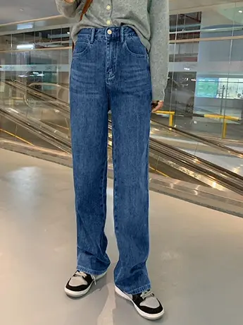 薄款小个子牛仔裤女春秋高腰直筒裤2023宽松阔腿裤复古蓝拖地长裤商品大图