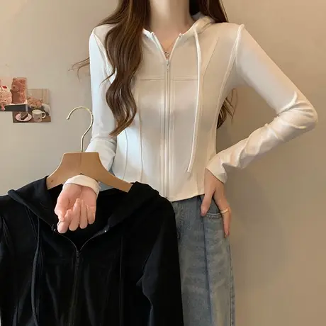 洋气减龄开衫长袖T恤女春秋装韩版修身显瘦短款打底小衫连帽上衣图片