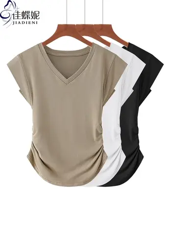 夏季新款V领修身下摆圆弧纯欲褶皱纯棉短袖体恤上衣内搭女打底衫商品大图