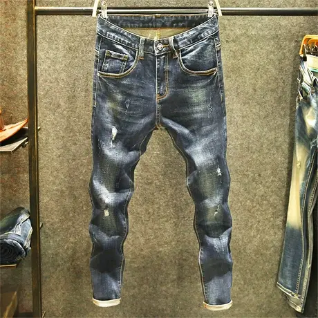 春季高端复古牛仔裤男修身小脚裤美式时尚破洞潮牌怀旧弹力裤子男商品大图