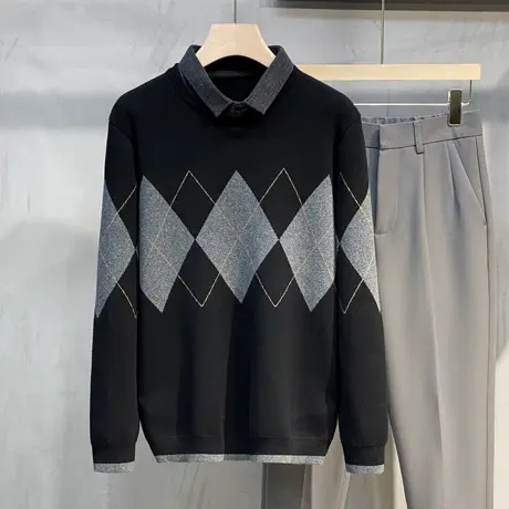 秋冬季衬衫领毛衣外套男菱形复古提花潮流假两件套男士针织衫毛衫商品大图