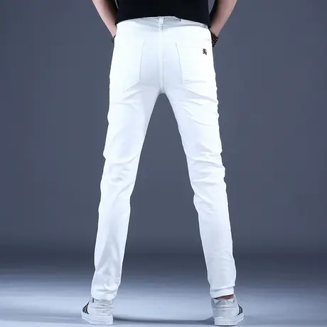 秋季潮流白色牛仔裤男款修身小脚休闲裤子男高端潮牌潮流弹力时尚图片