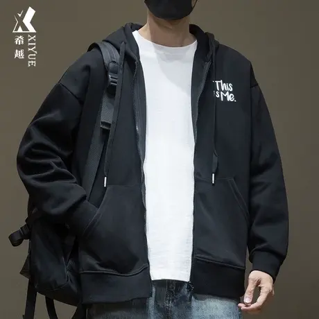 希越休闲针织开衫卫衣男秋季宽松大码ins百搭刺绣连帽拉链外套潮商品大图