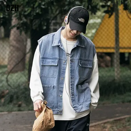 男生蓝色牛仔马甲男款夏季潮牌马夹工装背心休闲外套男装2023新款商品大图