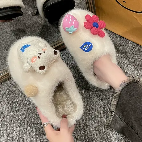 卡通可爱小熊毛绒绒拖鞋女冬季居家软乎乎舒适静音加绒保暖棉拖鞋商品大图