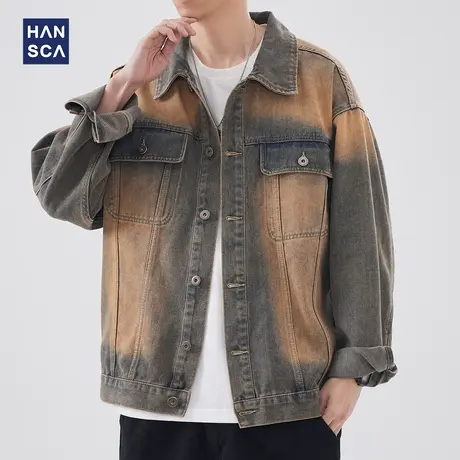 hansca牛仔外套男春季美式新款水洗做旧工装休闲潮牌痞帅翻领夹克图片