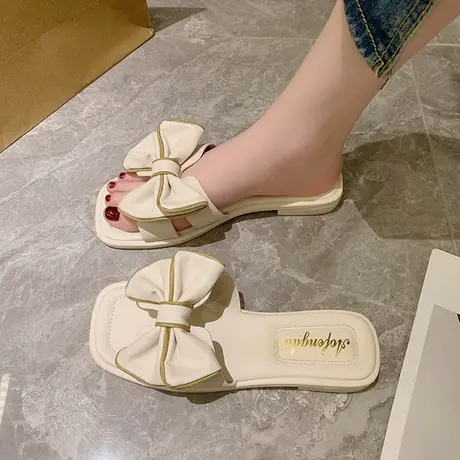 花朵拖鞋女外穿仙女风2023春季新款时尚百搭平底一字拖蝴蝶结凉拖商品大图