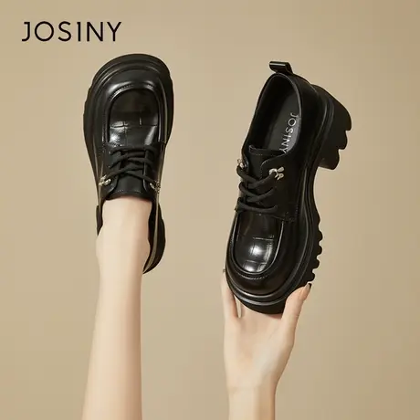 Josiny/卓诗尼厚底乐福鞋女2024春季新款黑色系带英伦风jk女鞋子商品大图
