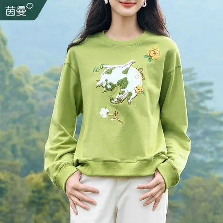 茵曼旗舰店正肩圆领卫衣女春秋宽松套头衫休闲百搭上衣2023年新款图片