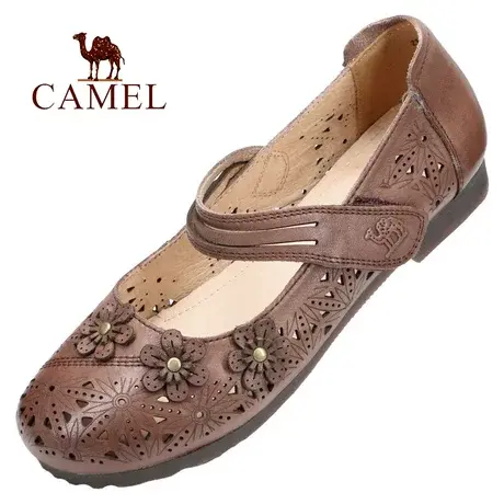 Camel/骆驼春夏季网孔透气柔软舒适平底浅口真牛皮妈妈休闲女鞋子商品大图