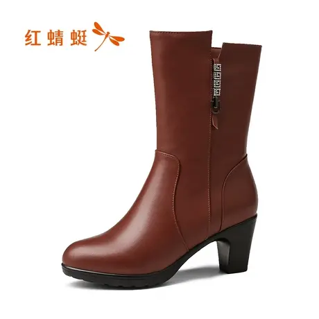 红蜻蜓女鞋女靴秋冬新款加绒棉皮鞋女靴子粗跟真皮中筒靴女中短靴图片