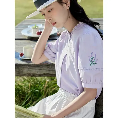 茵曼文艺清新衬衣2023夏季女装新款纯棉花边圆领泡泡袖绣花衬衫商品大图
