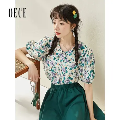 Oece复古碎花衬衫2022夏装新款女装少女感文艺甜美泡泡短袖上衣商品大图
