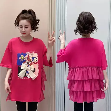 爆款卡通兔子网纱蝴蝶结拼接短袖t恤女休闲宽松上衣2023新款体恤商品大图
