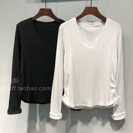 2023秋装 韩国ulzzang新款纯色双侧抽褶V领显瘦短款长袖T恤上衣女商品大图