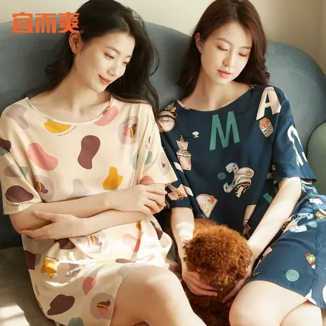 宜而爽梭织人棉薄款印花睡衣女柔软透气套头短袖睡裙家居服宽松裙商品大图