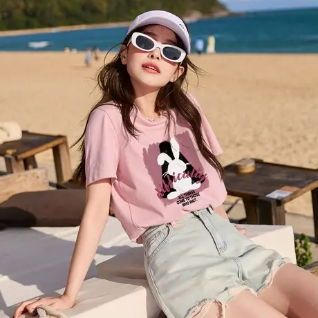 唐狮短袖t恤女新款夏前胸花卉图案圆领小众设计宽松纯棉T恤商品大图