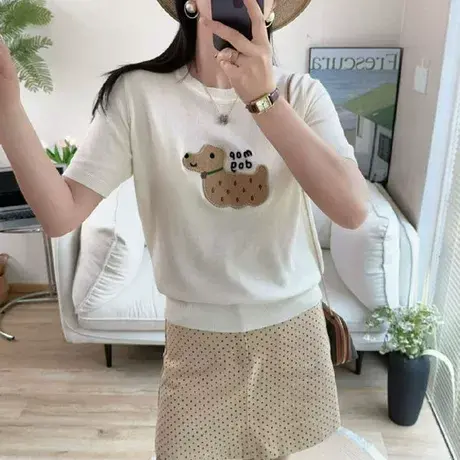 夏季薄款圆领卡通冰丝针织衫短袖t恤女2025新款设计感高级感上衣商品大图