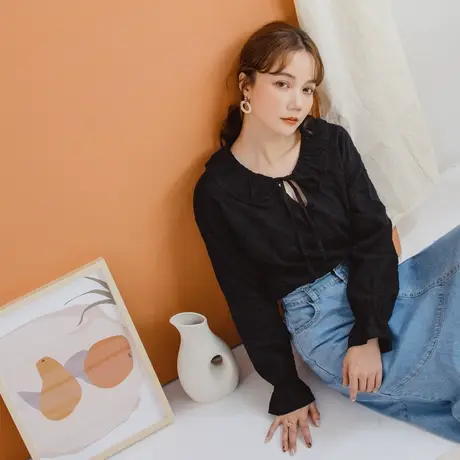 桔熊春秋季冷淡系纯色荷叶系带领喇叭袖舒适a字上衣女大码AB13595图片