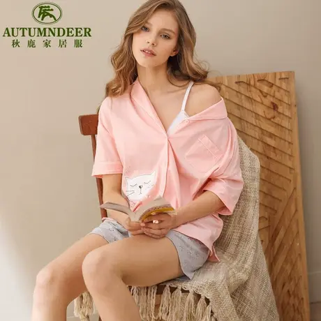 秋鹿夏季女士纯棉睡衣可爱短袖短裤简约开衫2018新品家居服套装商品大图