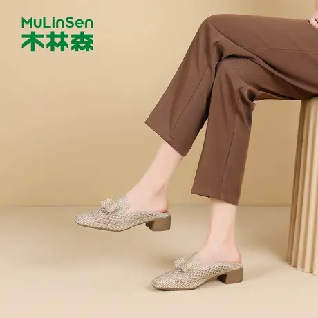 木林森2025新款夏季外穿包头拖鞋女士镂空水钻低跟时尚沙滩半拖鞋图片
