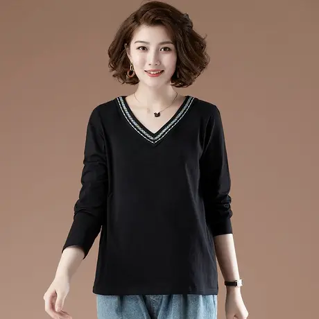 春秋季加肥加大码女装宽松长袖t恤女中年妈妈v领显瘦纯棉打底衫女商品大图
