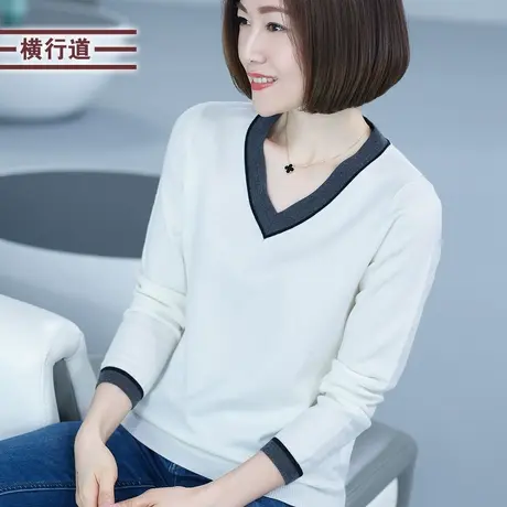 2023冬季大码女撞色v领黑色长袖休闲宽松羊毛衫白色毛衣套头上衣图片