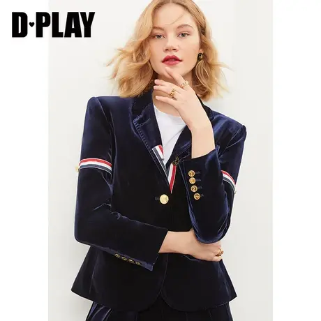 DPLAY【黑标】年秋新复古英伦风撞色条纹拼接藏青色丝绒西装商品大图