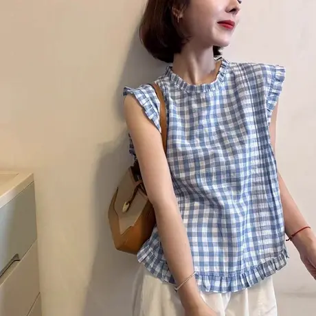 欧洲站2025夏季时尚木耳边格子无袖衬衫女韩系小清新减龄百搭上衣图片