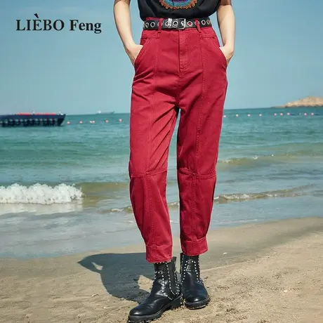 裂帛LIEBOFeng设计师品牌2023年春复古石榴红百搭束脚长裤牛仔裤商品大图