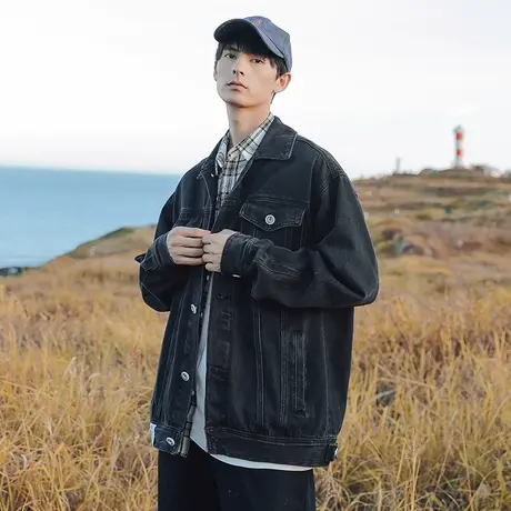 男士翻领牛仔外套男春秋季韩版潮流黑色工装夹克2023新款复古上衣商品大图