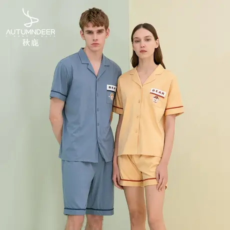 秋鹿可爱大码夏季睡衣女夏款纯棉短袖居家服薄款情侣家居服男开衫商品大图